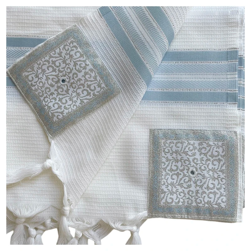 Tallit 100% Laine Bleu clair